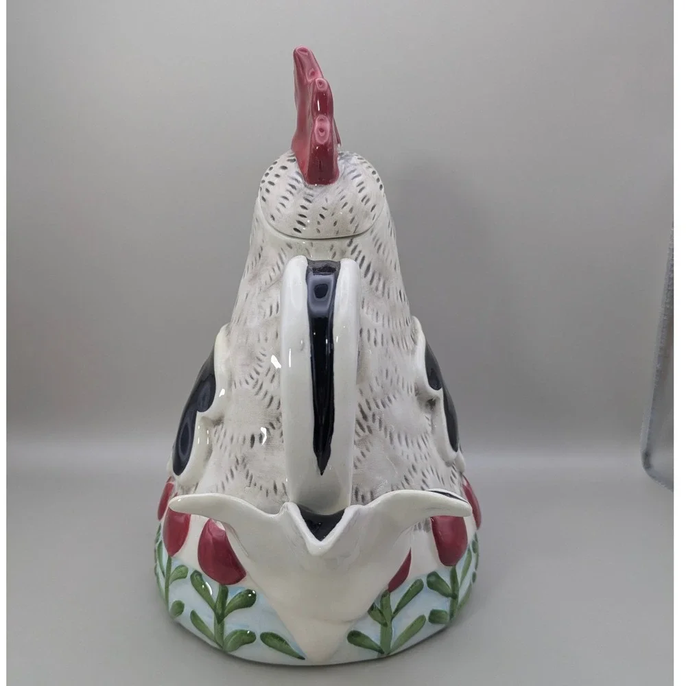 Blue Sky Heather Goldminc Rooster Teapot‎ Ceramic Farmhouse Tulip 2018 White Red